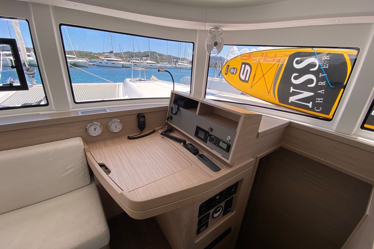Cockpit of Bollicina, a Lagoon 42 catamaran at Olbia, Italy
