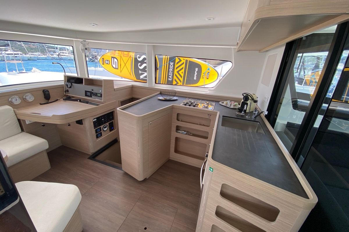 Galley of Bollicina, a Lagoon 42 catamaran at Olbia, Italy