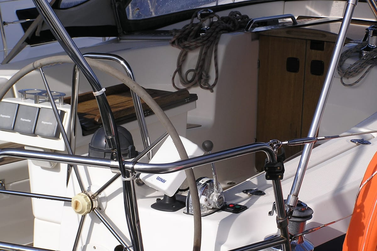 Cockpit of Alma Libre, a Bavaria 40 Cruiser sailboat at Municipal Unit of Lefkada, Greece