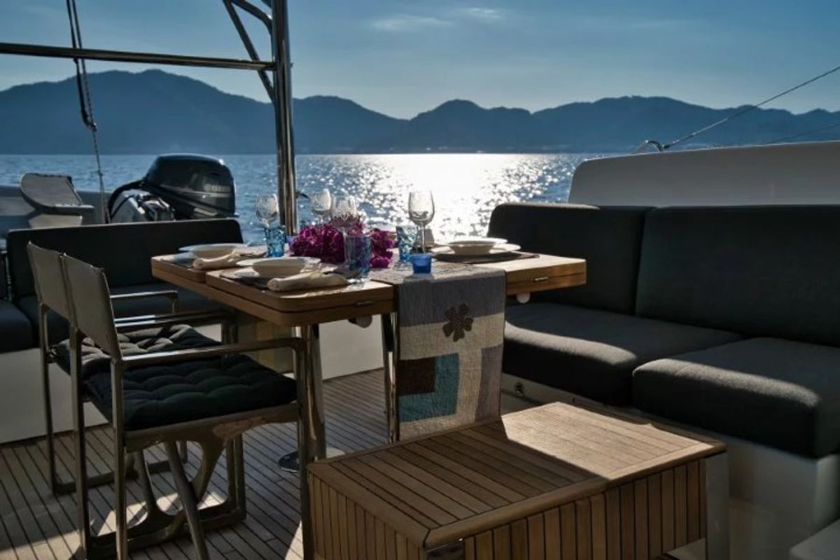 Deck of INVICTUS II, a Lagoon 50 catamaran at Municipal Unit of Rhodes, Greece