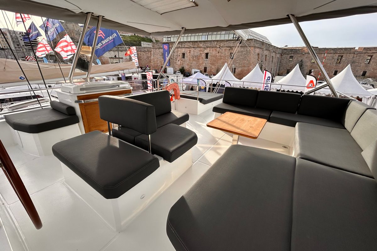 Deck of Kalista II, a Fountaine Pajot Samana 59 catamaran at Cogolin, France