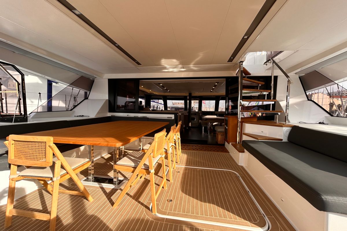 Deck of Kalista II, a Fountaine Pajot Samana 59 catamaran at Cogolin, France
