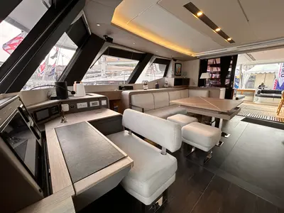 Salon of Kalista II, a Fountaine Pajot Samana 59 catamaran at Cogolin, France