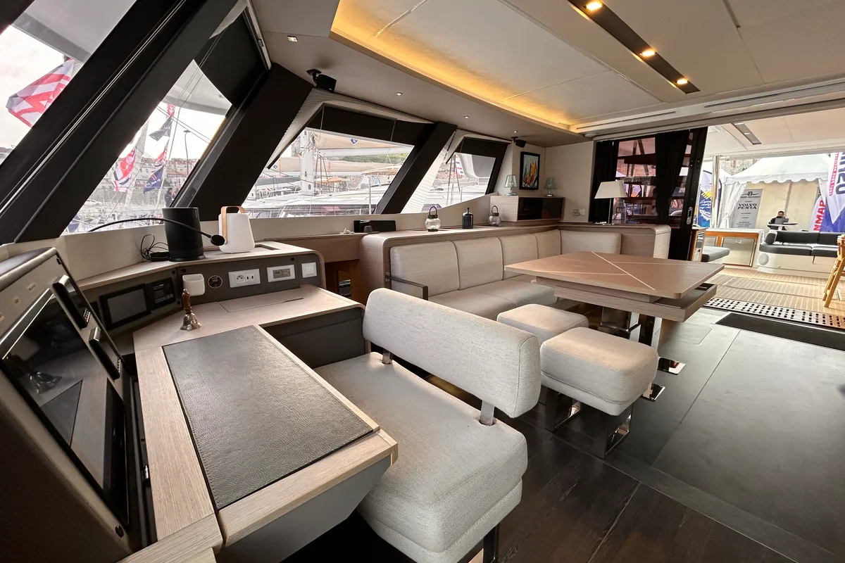 Salon of Kalista II, a Fountaine Pajot Samana 59 catamaran at Cogolin, France