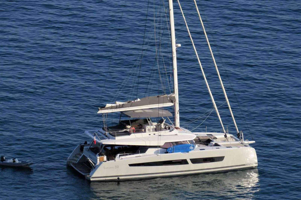 Exterior view of Kalista II, a Fountaine Pajot Samana 59 catamaran at Cogolin, France