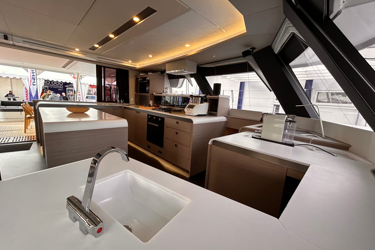 Galley of Kalista II, a Fountaine Pajot Samana 59 catamaran at Cogolin, France
