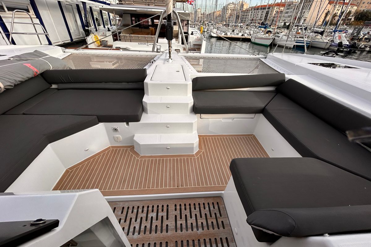 Deck of Kalista II, a Fountaine Pajot Samana 59 catamaran at Cogolin, France
