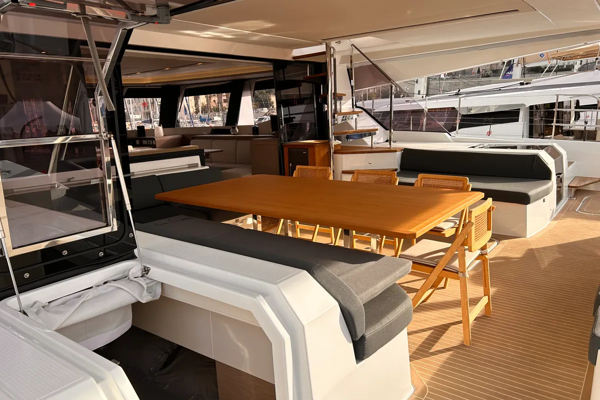 Deck of Kalista II, a Fountaine Pajot Samana 59 catamaran at Cogolin, France