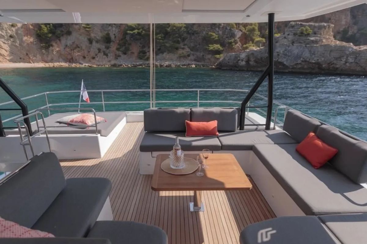 Deck of Kalista II, a Fountaine Pajot Samana 59 catamaran at Cogolin, France