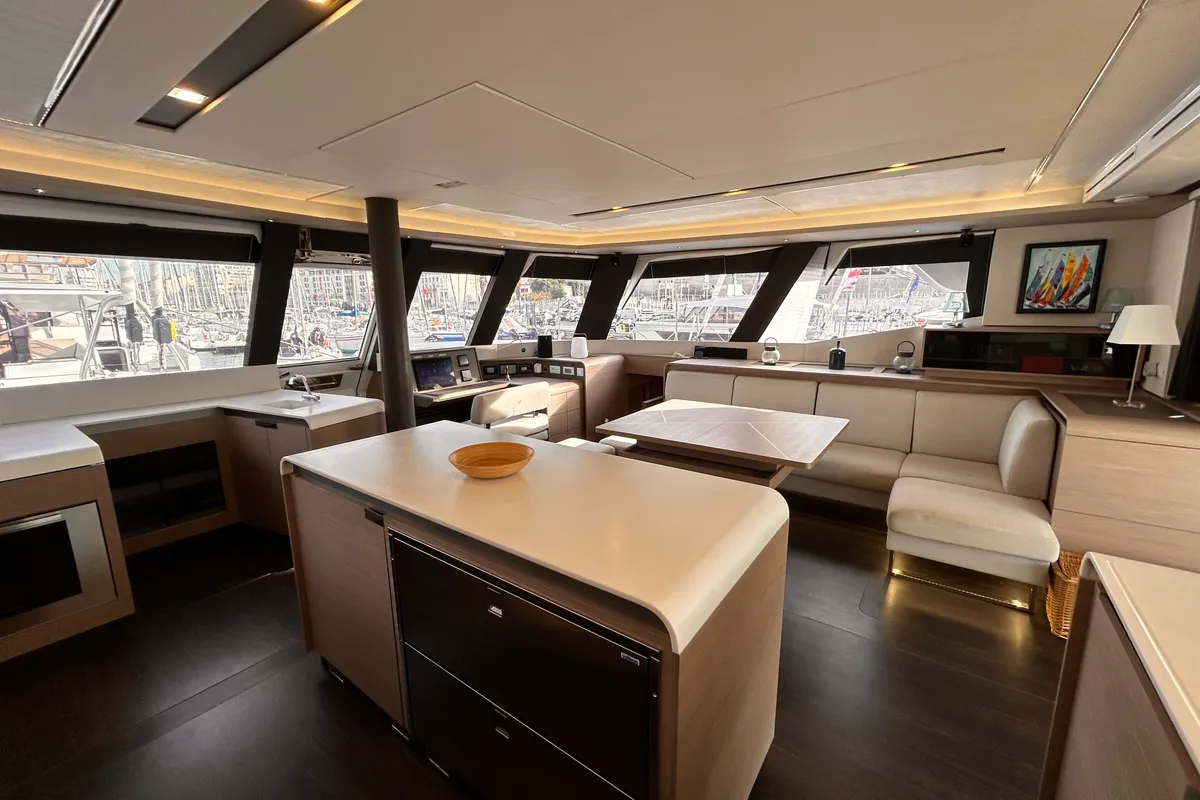 Salon of Kalista II, a Fountaine Pajot Samana 59 catamaran at Cogolin, France
