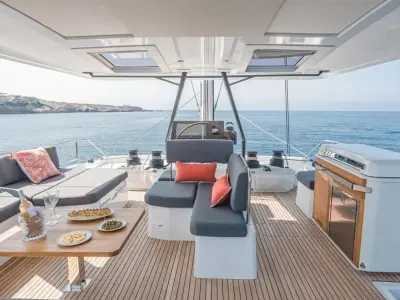 Cockpit of Kalista II, a Fountaine Pajot Samana 59 catamaran at Cogolin, France