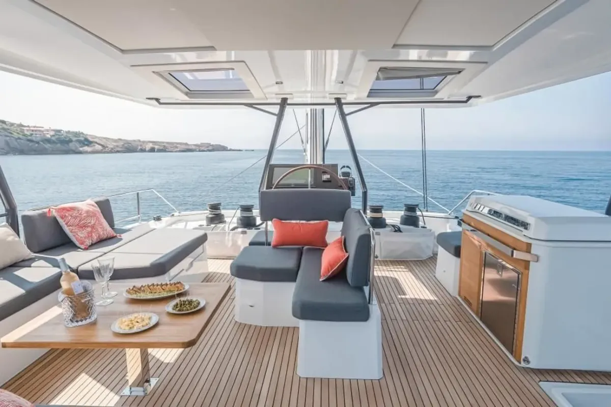 Cockpit of Kalista II, a Fountaine Pajot Samana 59 catamaran at Cogolin, France
