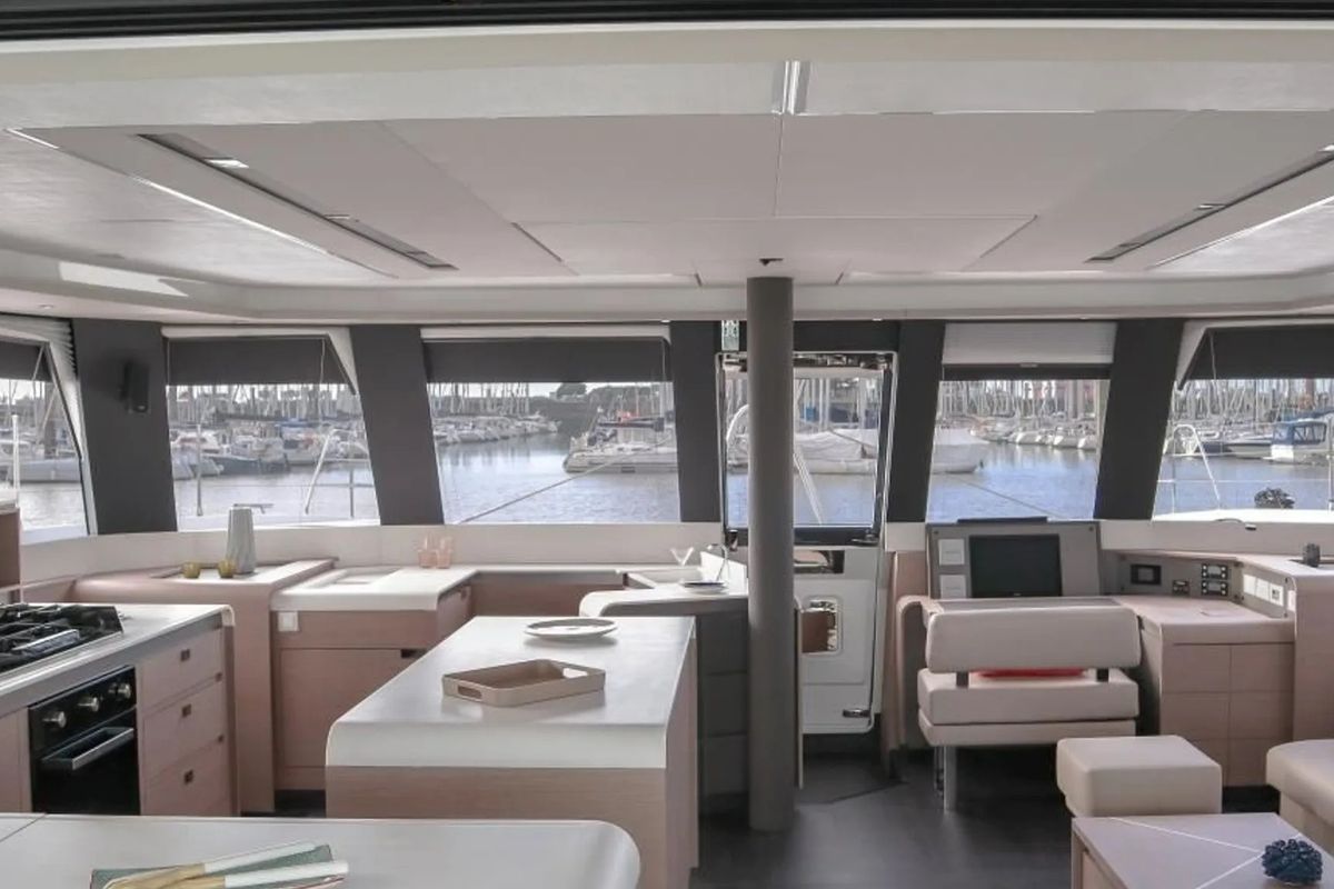Salon of Kalista II, a Fountaine Pajot Samana 59 catamaran at Cogolin, France