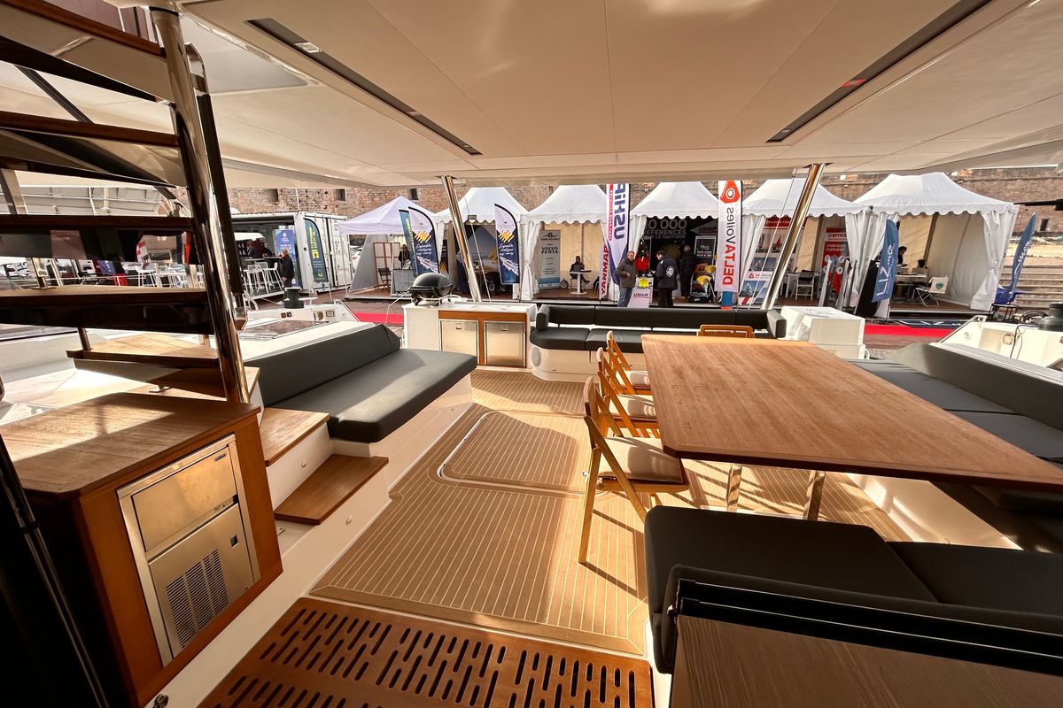Deck of Kalista II, a Fountaine Pajot Samana 59 catamaran at Cogolin, France