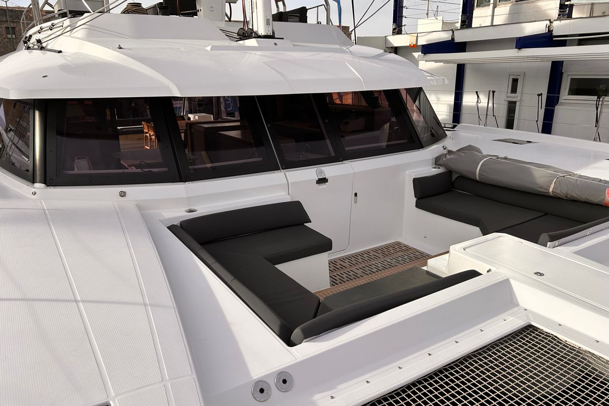 Deck of Kalista II, a Fountaine Pajot Samana 59 catamaran at Cogolin, France