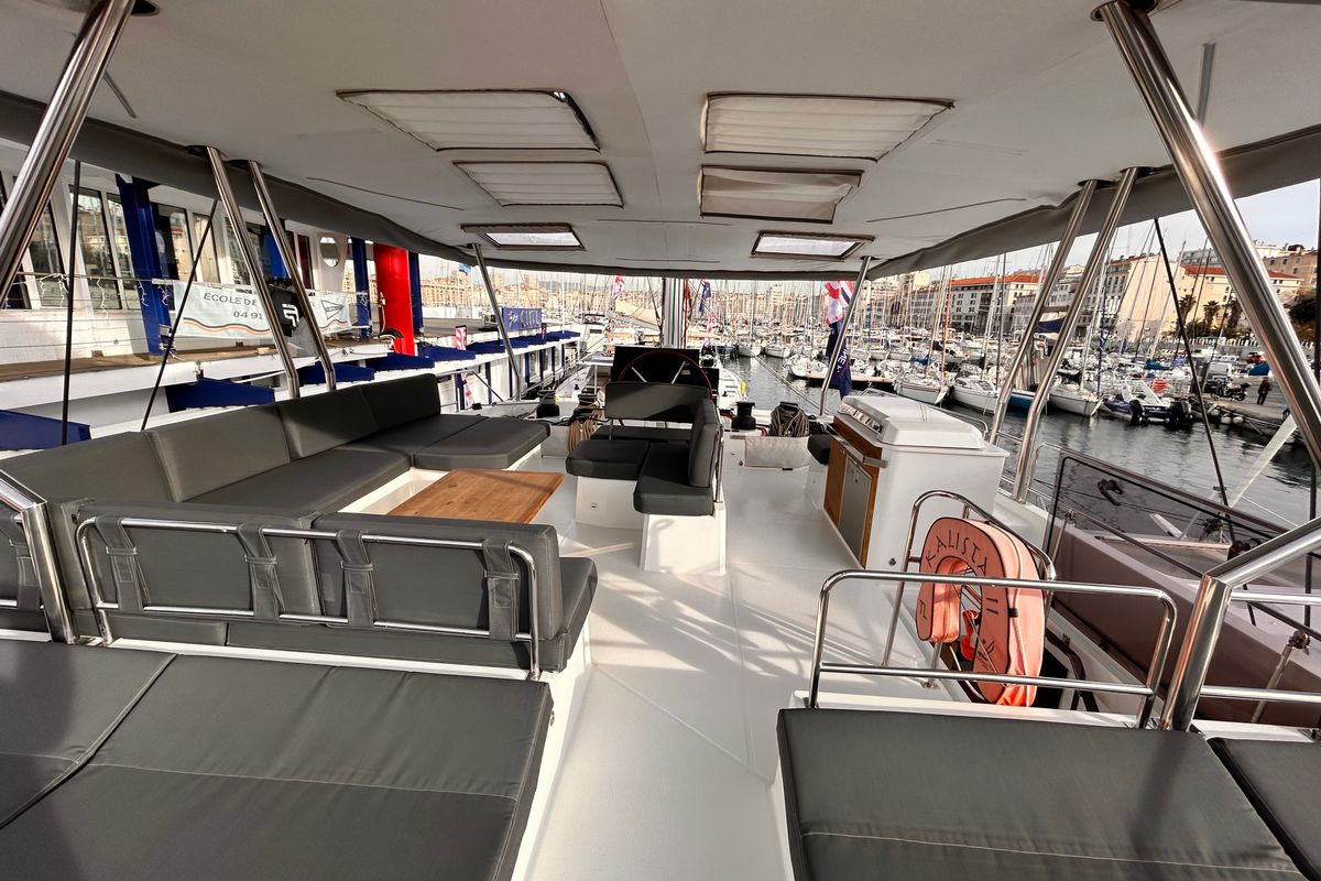 Cockpit of Kalista II, a Fountaine Pajot Samana 59 catamaran at Cogolin, France