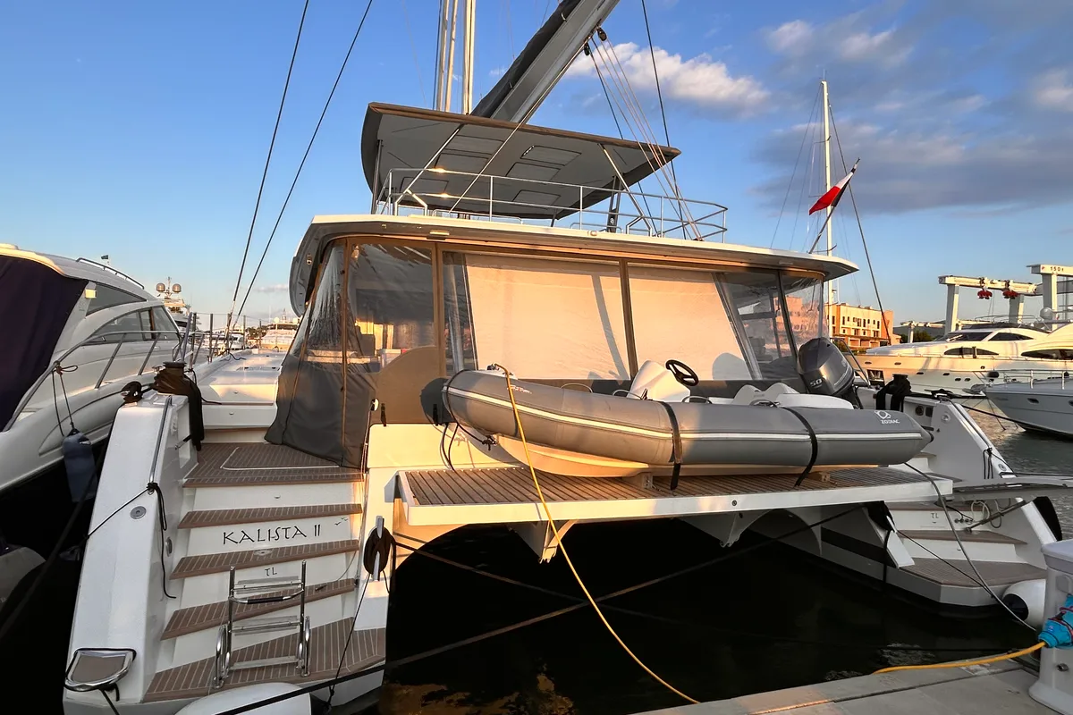 Exterior view of Kalista II, a Fountaine Pajot Samana 59 catamaran at Cogolin, France