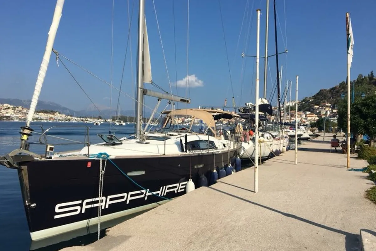 Exterior view of Sapphire, a Beneteau Oceanis 40 sailboat at Zakynthos, Greece