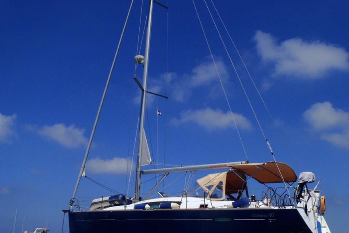 Exterior view of Sapphire, a Beneteau Oceanis 40 sailboat at Zakynthos, Greece