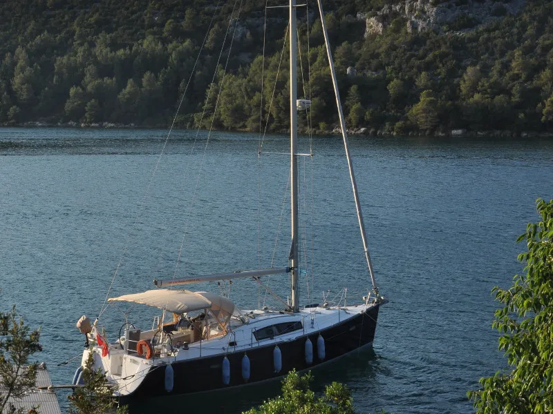 Exterior view of Sapphire, a Beneteau Oceanis 40 sailboat at Zakynthos, Greece