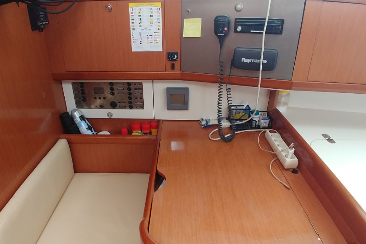 Cockpit of Sapphire, a Beneteau Oceanis 40 sailboat at Zakynthos, Greece