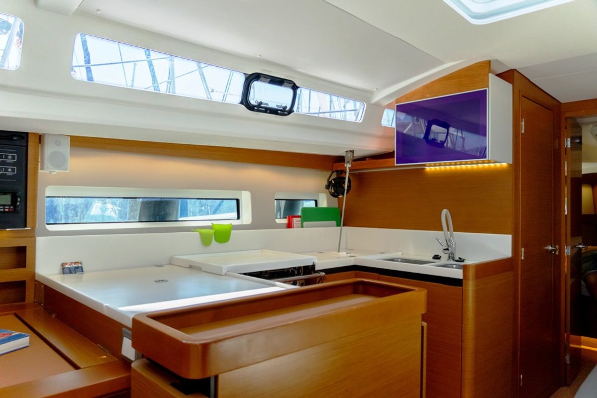 Galley of Nimertis, a Jeanneau Sun Odyssey 440 sailboat at Athens, Greece