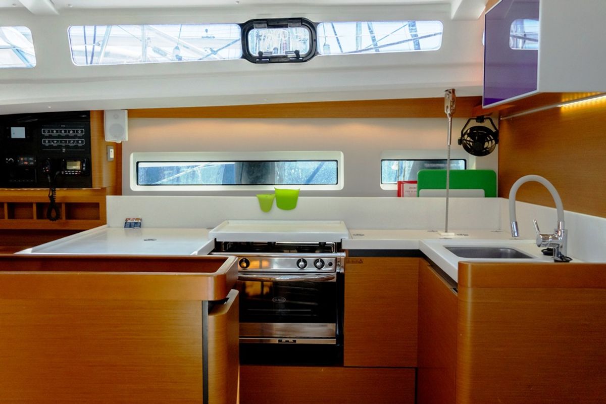 Galley of Nimertis, a Jeanneau Sun Odyssey 440 sailboat at Athens, Greece