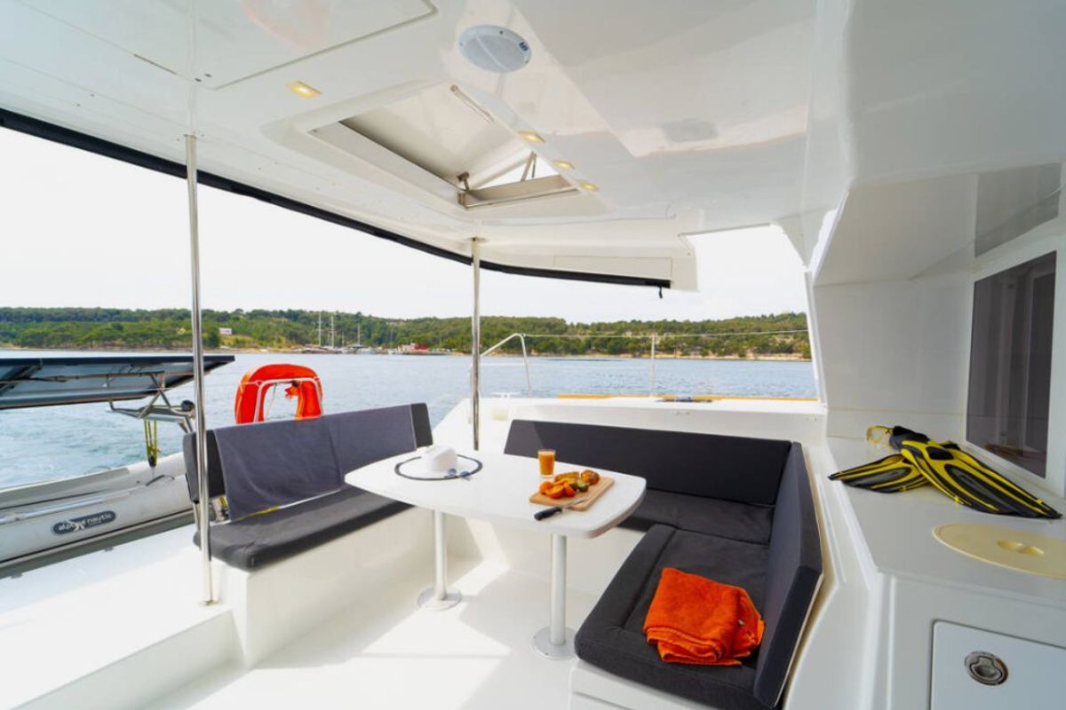 Deck of Julius Cesar III, a Lagoon 450 F catamaran at Općina Rogoznica, Croatia