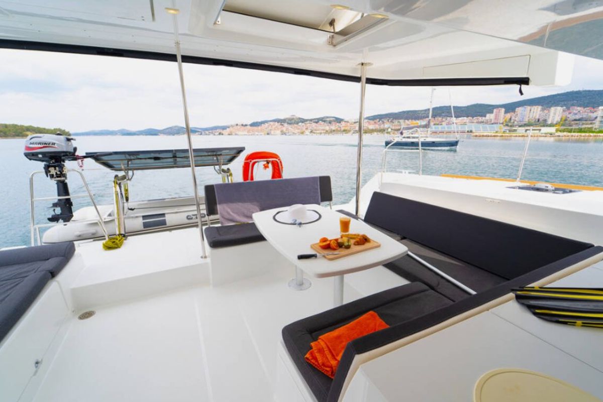 Deck of Julius Cesar III, a Lagoon 450 F catamaran at Općina Rogoznica, Croatia