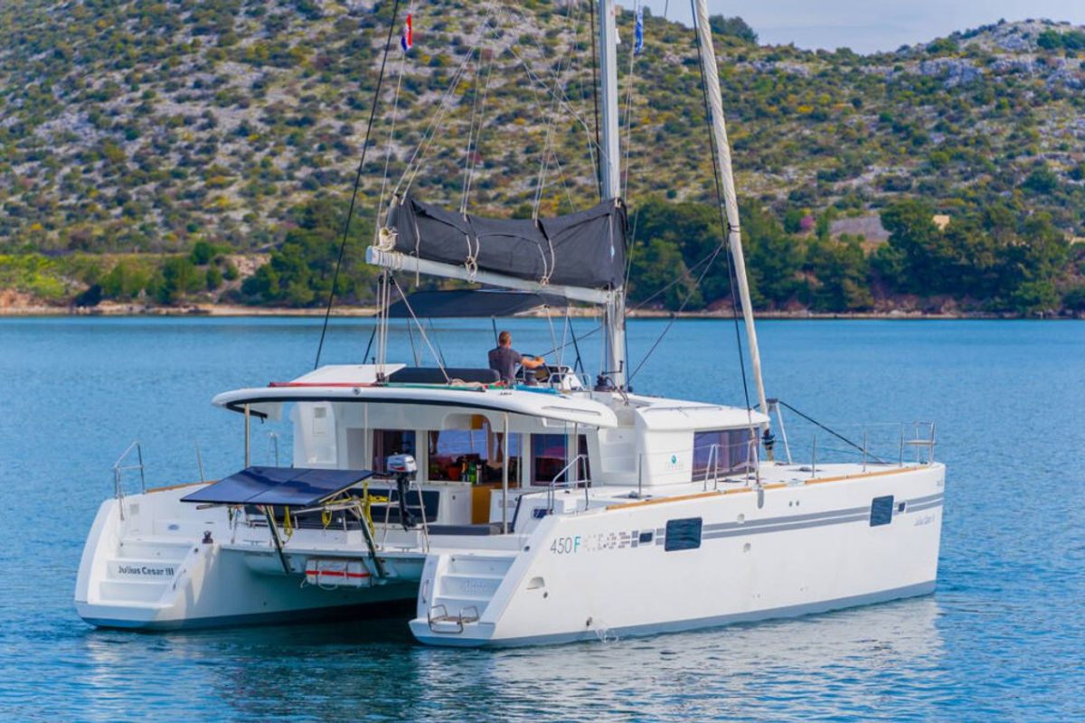 Exterior view of Julius Cesar III, a Lagoon 450 F catamaran at Općina Rogoznica, Croatia