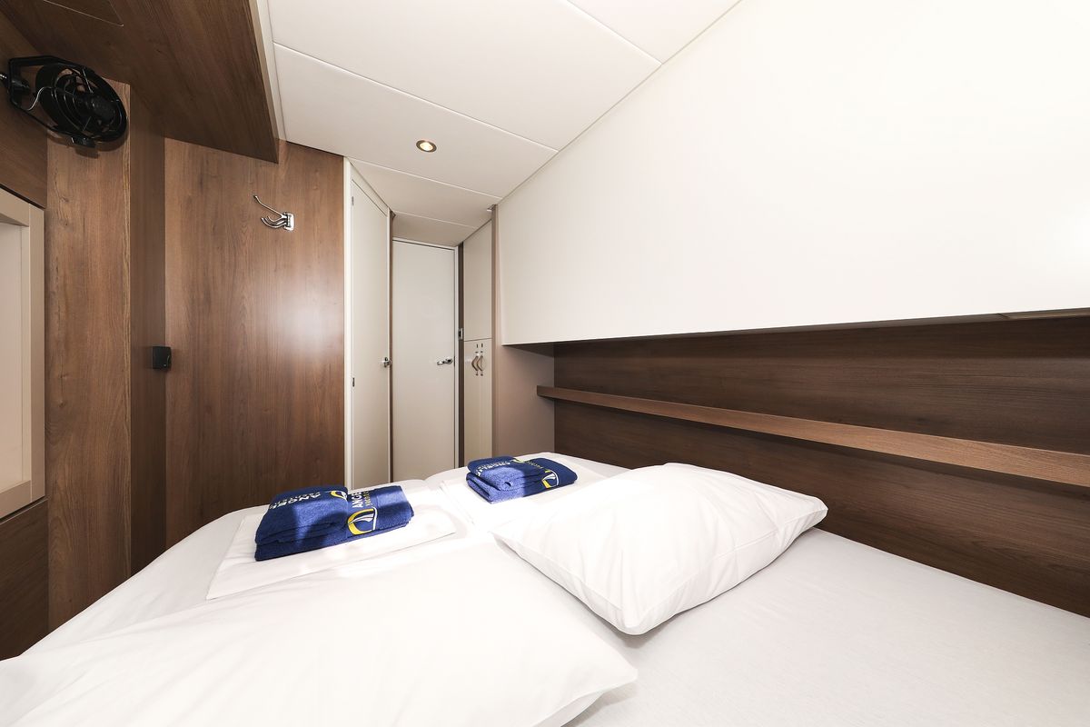Cabin on Calypso , a Bali 4.4 catamaran at Grad Biograd na Moru, Croatia