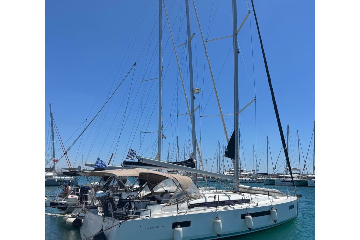 Exterior view of Konstantinos, a Jeanneau Sun Odyssey 490 sailboat at Athens, Greece