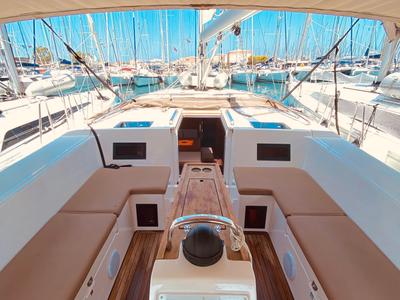 Cockpit of Atokos (Pax 9), a Bavaria C45 sailboat at Municipal Unit of Lefkada, Greece