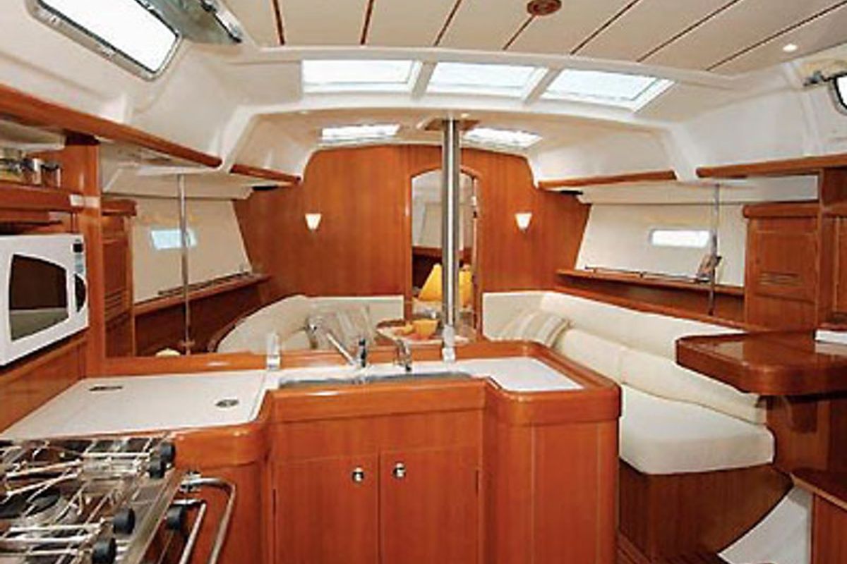 Galley of Mirfak, a Beneteau Oceanis 373 sailboat at Cagliari, Italy