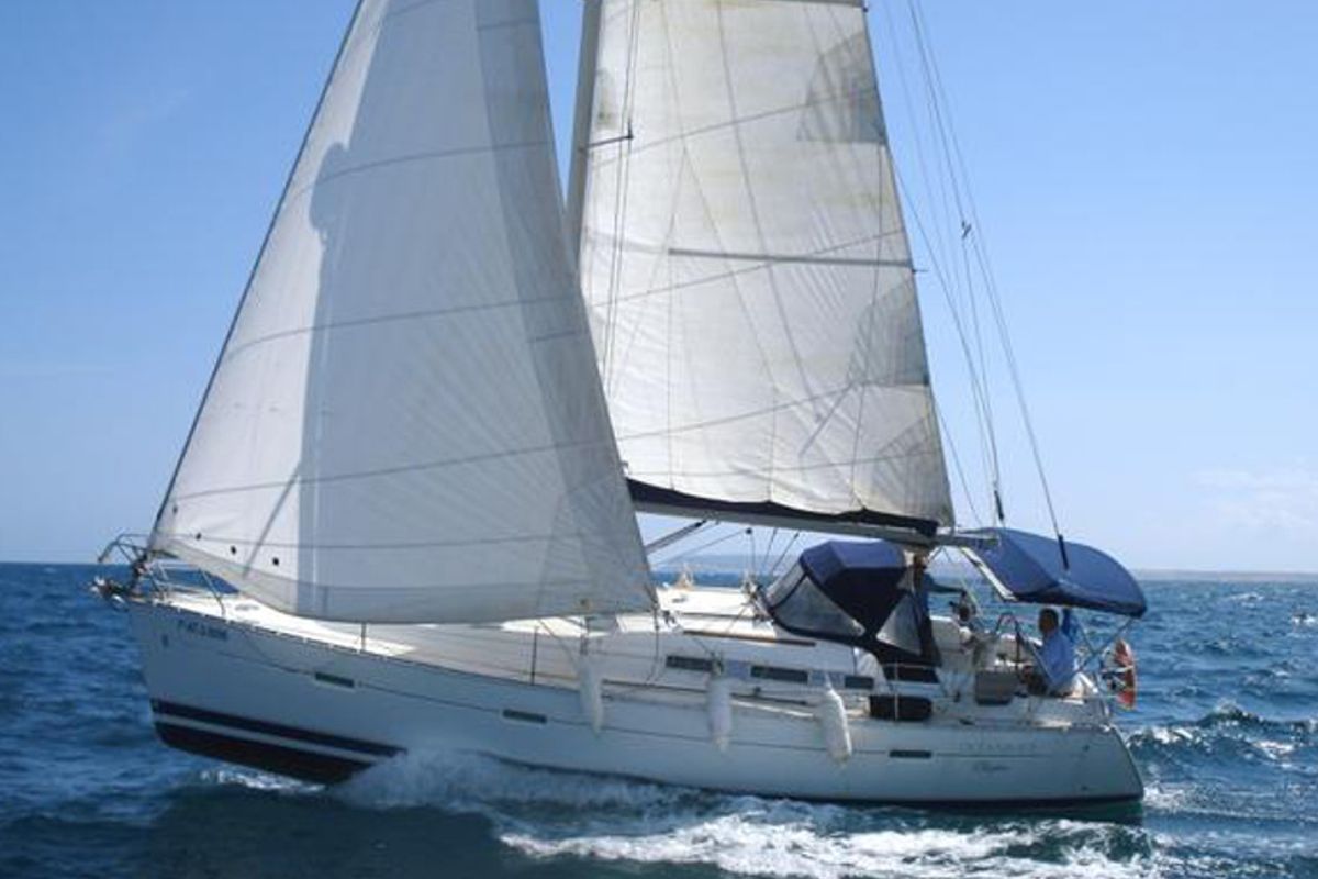 Exterior view of Mirfak, a Beneteau Oceanis 373 sailboat at Cagliari, Italy