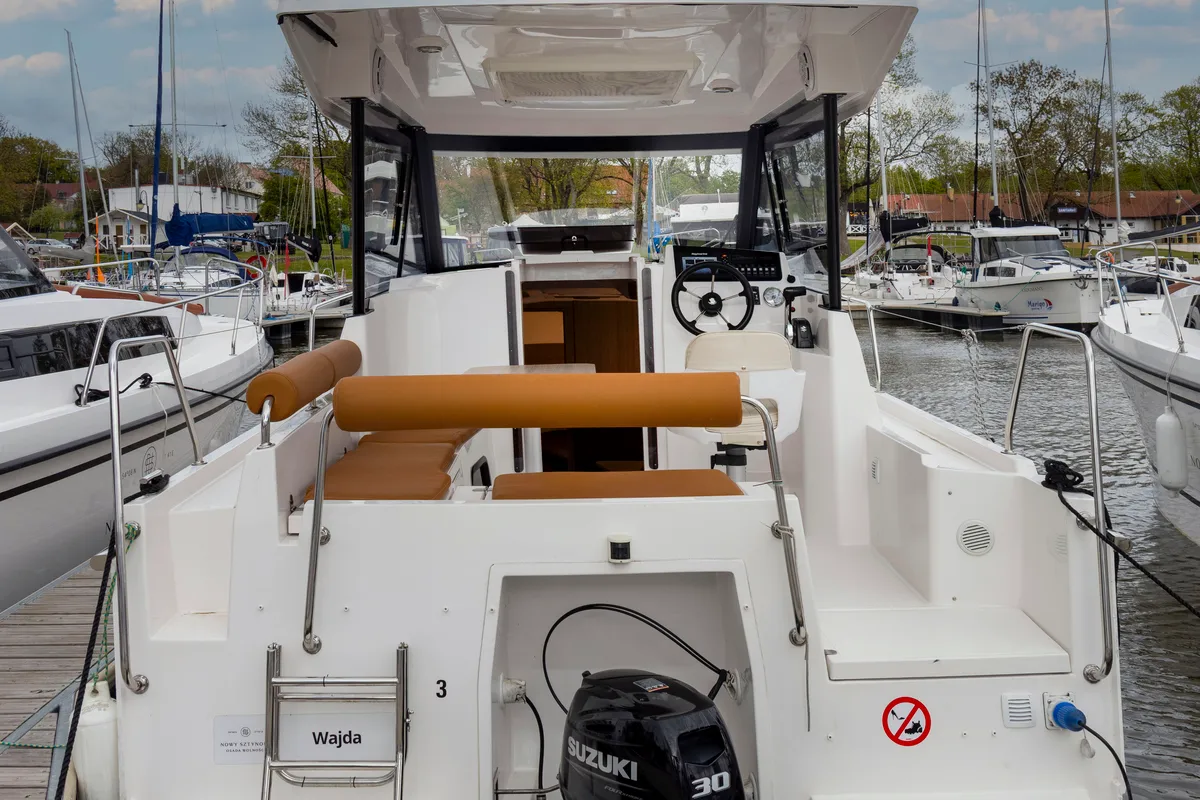 Deck of Polanski, a Northman Nexus Revo 870 Prestige motorboat at Sztynort, Poland