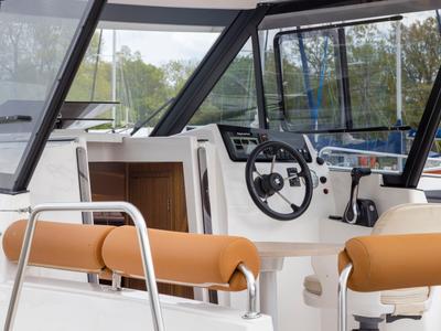 Cockpit of Polanski, a Northman Nexus Revo 870 Prestige motorboat at Sztynort, Poland
