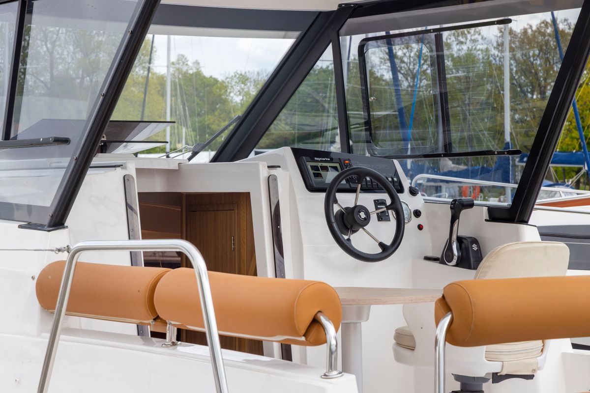Cockpit of Polanski, a Northman Nexus Revo 870 Prestige motorboat at Sztynort, Poland