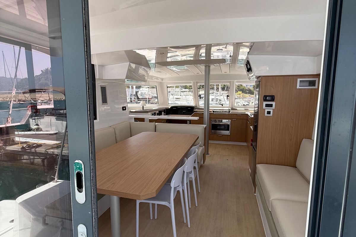 Salon of Cloe, a Bali Catspace catamaran at Capo d'Orlando, Italy
