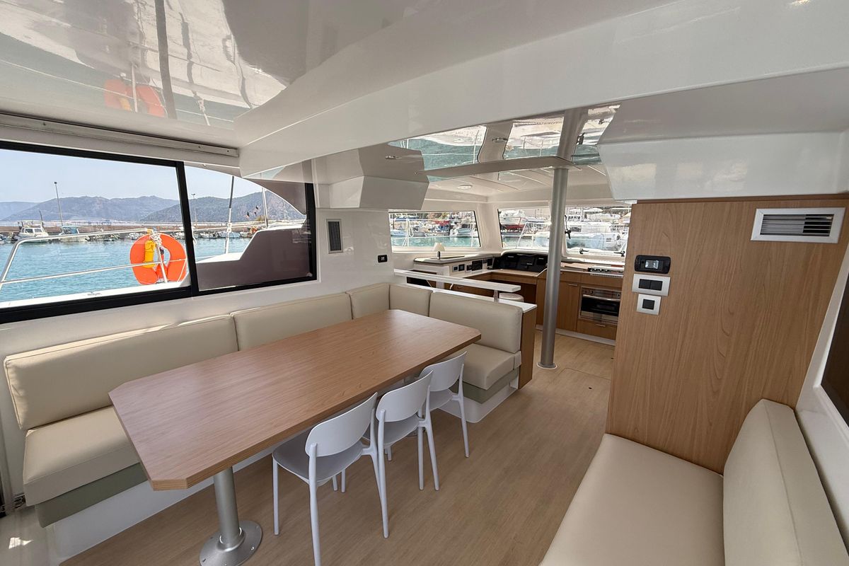 Salon of Cloe, a Bali Catspace catamaran at Capo d'Orlando, Italy