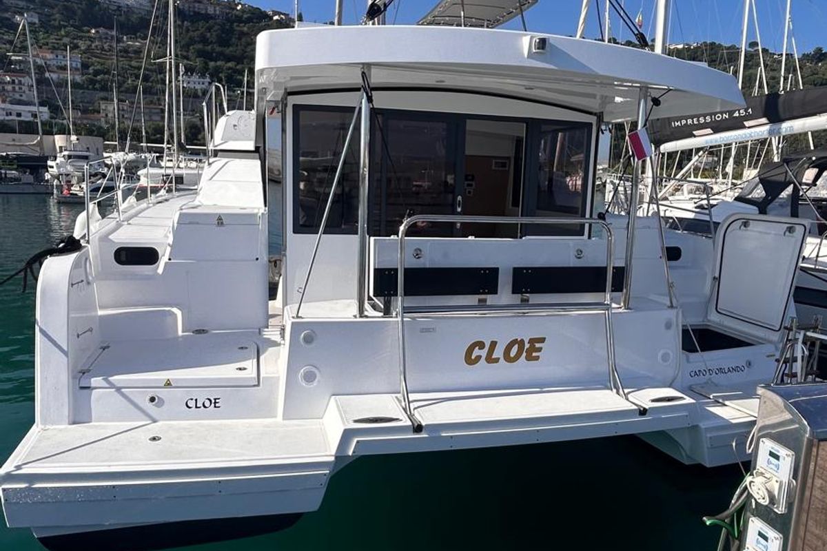 Deck of Cloe, a Bali Catspace catamaran at Capo d'Orlando, Italy