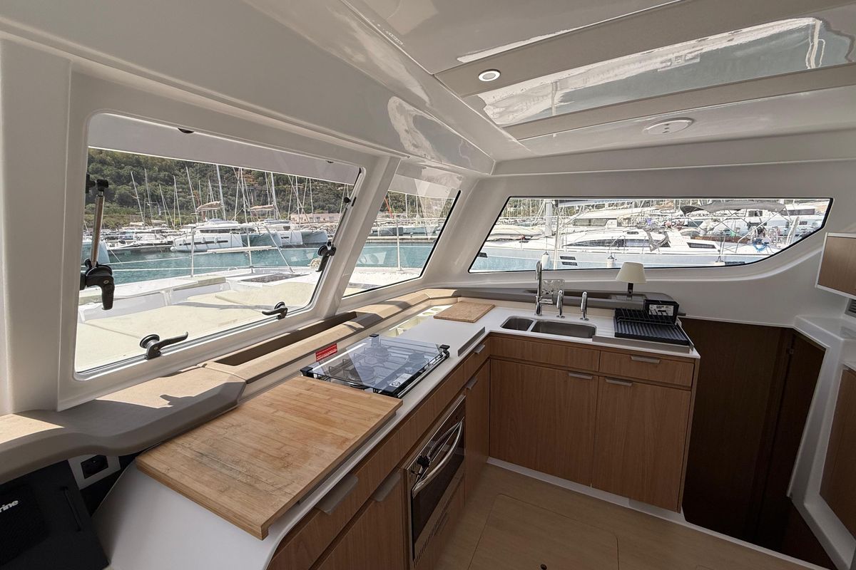 Galley of Cloe, a Bali Catspace catamaran at Capo d'Orlando, Italy