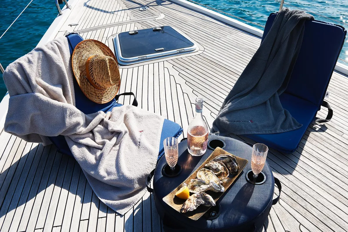 Deck of Yannis 65S, a Hanse Yachts Hanse 540e sailboat at Lavreotiki Municipal Unit, Greece