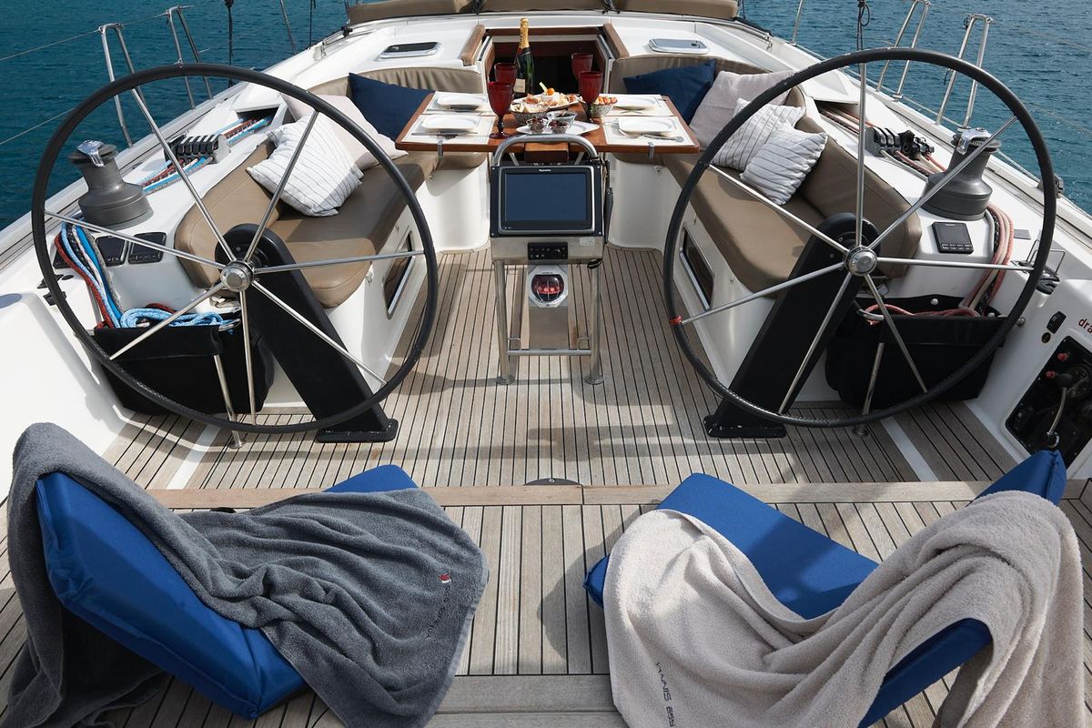 Cockpit of Yannis 65S, a Hanse Yachts Hanse 540e sailboat at Lavreotiki Municipal Unit, Greece