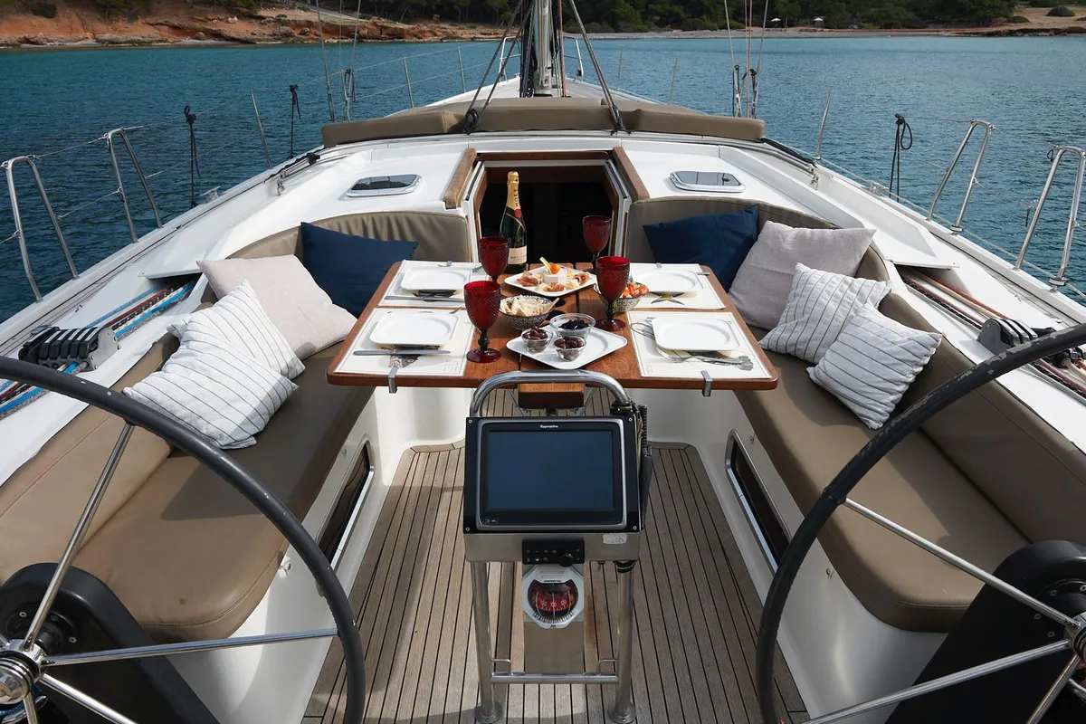 Cockpit of Yannis 65S, a Hanse Yachts Hanse 540e sailboat at Lavreotiki Municipal Unit, Greece