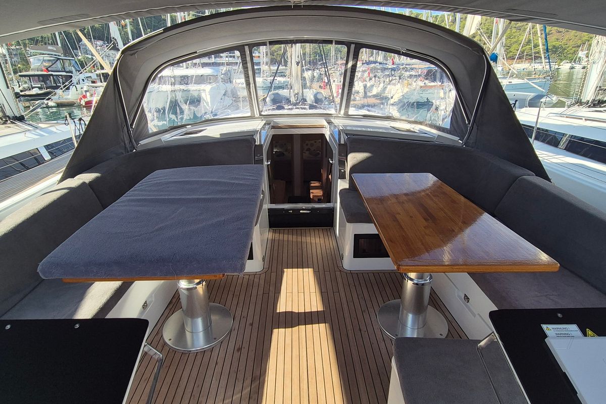 Deck of Gemile, a Hanse Yachts Hanse 460 sailboat at Fethiye, Turkey