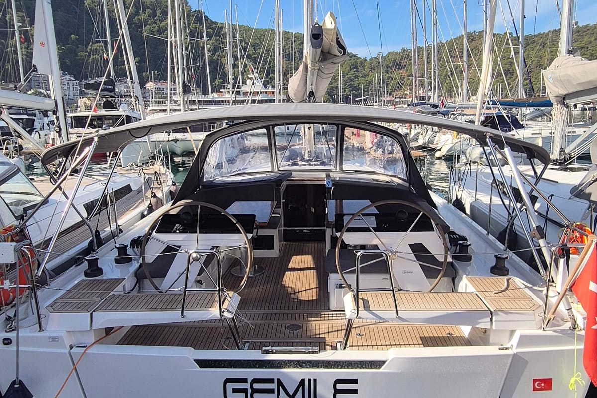 Exterior view of Gemile, a Hanse Yachts Hanse 460 sailboat at Fethiye, Turkey