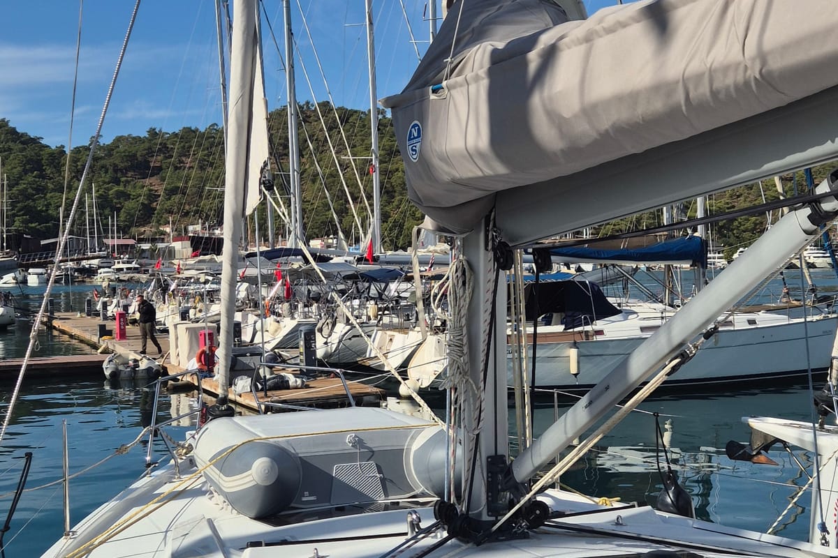 Exterior view of Gemile, a Hanse Yachts Hanse 460 sailboat at Fethiye, Turkey