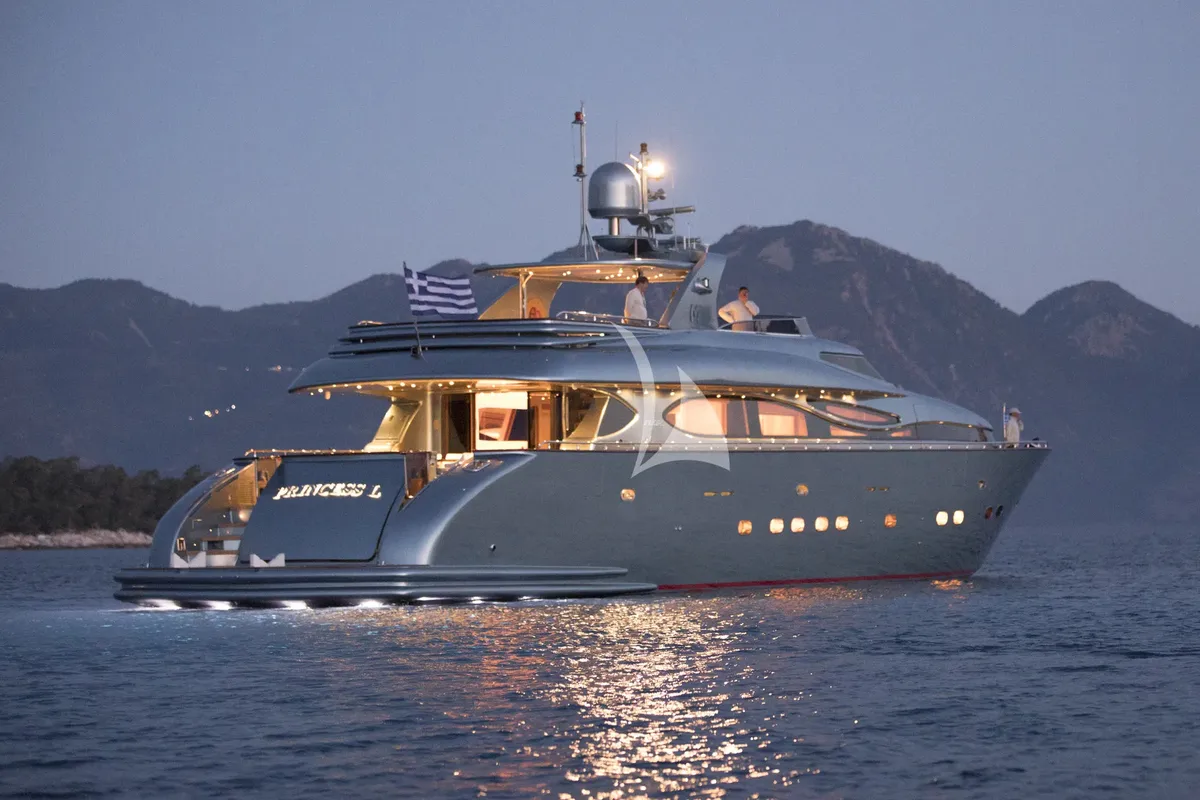 Exterior view of Princess L, a Maiora 108 yacht at Athens, Greece