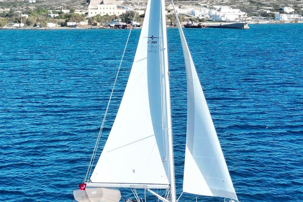 Exterior view of Luna 3, a Bavaria C38 sailboat at Fethiye, Turkey